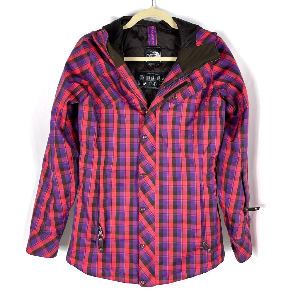 The North Face Cryptic Jacket Recco Purple Pink Plaid Hooded Hyvent Ski Sz XS‎
